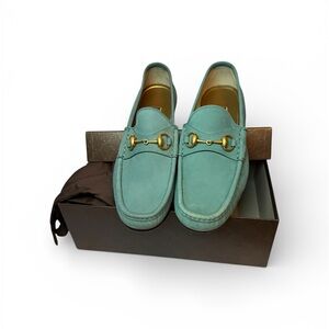 Gucci Horsebit Suede Loafers Aqua Green Mens Size 8 Made in Italy w Box